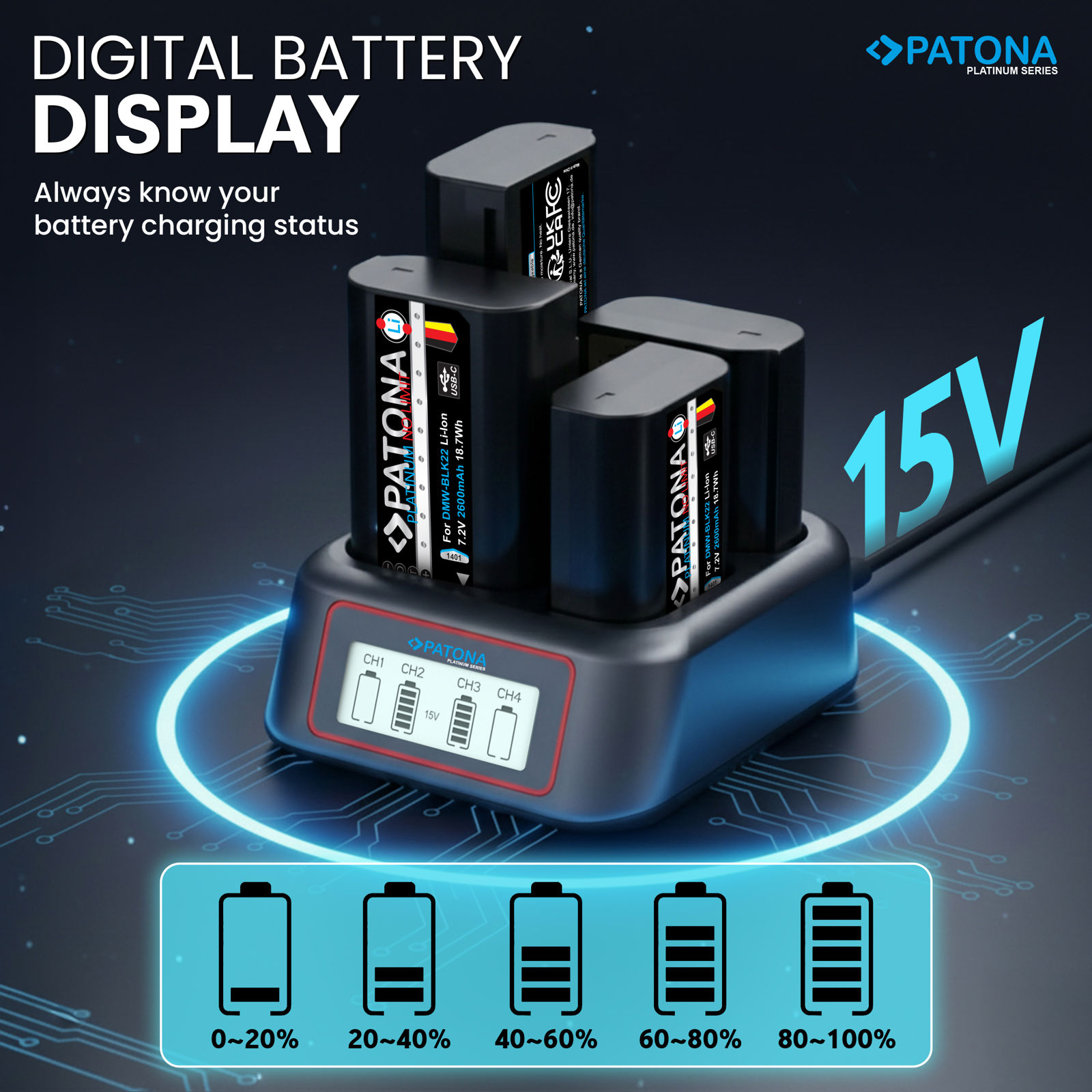 Patona punjač USB-C PD QC 4-Port Fast Charger Platinum za Panasonic DMW-BLK22 (4176)