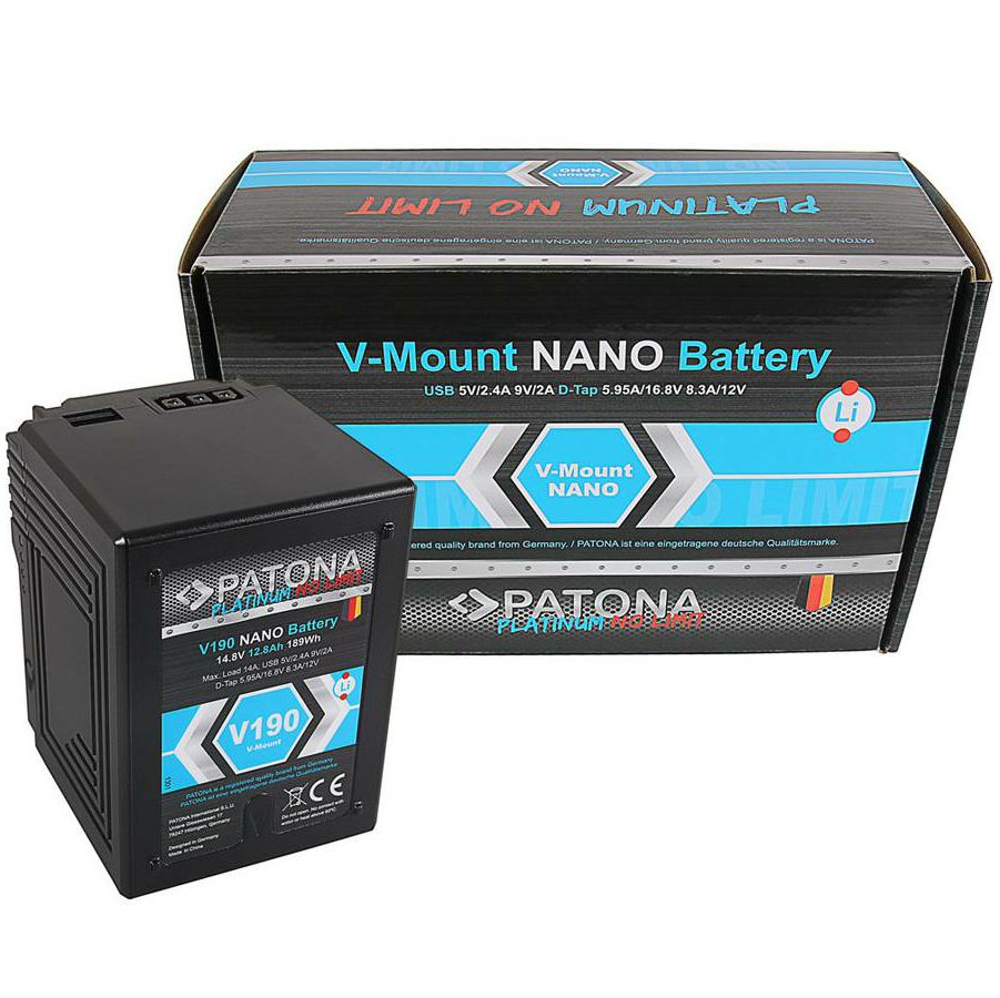 Patona V-Mount Platinum Nano V190 12000mAh 189Wh 14.8V baterija za Red Arri Sony DSR 250P 600P 650P 652P HDW 800P PDW 850 BP-150w BP150w, BPFL75, BP-FL75, BPFLX75, BP-FLX75, BPL40A, BP-L40A, BPL60