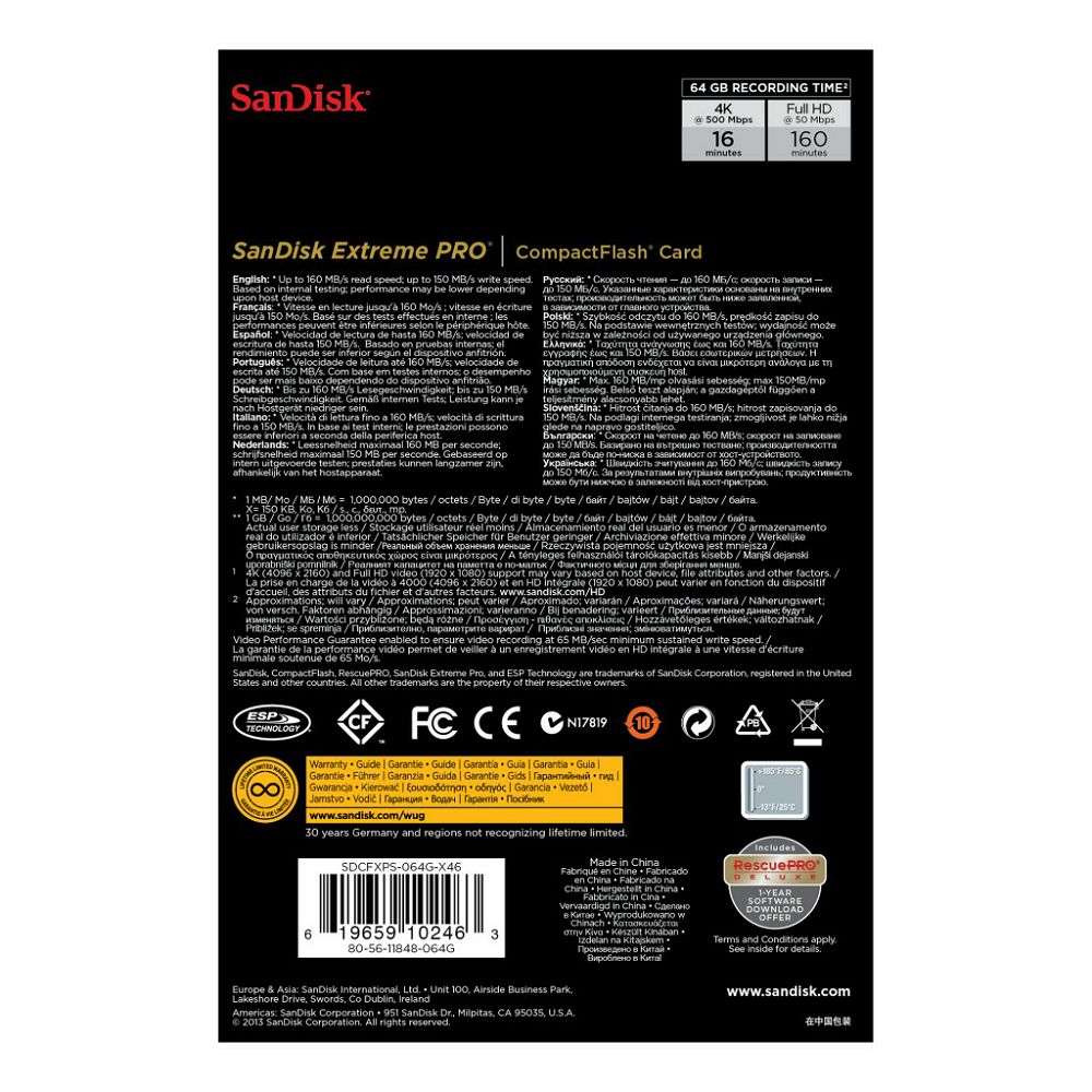 SanDisk CF 64GB 160MB/s Extreme Pro VPG 65 UDMA 7 Compact Flash memorijska kartica (SDCFXPS-064G-X46)