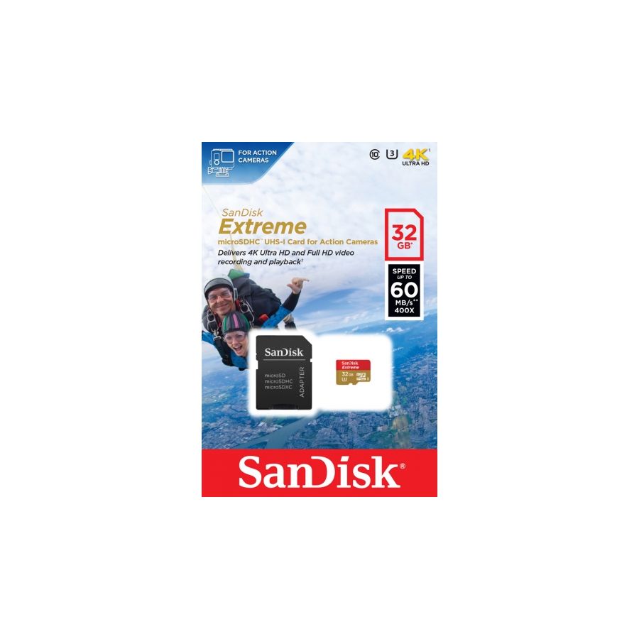 SanDisk Extreme microSDHC 32GB + SD Adapter for Action Sports Cameras 60MB/s Class 10 U3 UHS-I SDSDQXL-032G-GA4A