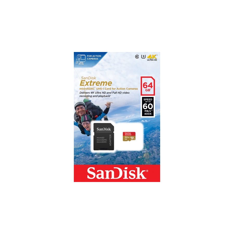 SanDisk Extreme microSDXC 64GB + SD Adapter for Action Sports Cameras 60MB/s Class 10 U3 UHS-I SDSDQXL-064G-GA4A
