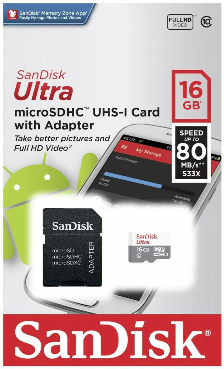 SanDisk microSDHC 16GB 80MB/s Class 10 + SD Adapter Ultra Android memorijska kartica (SDSQUNS-016G-GN3MA)