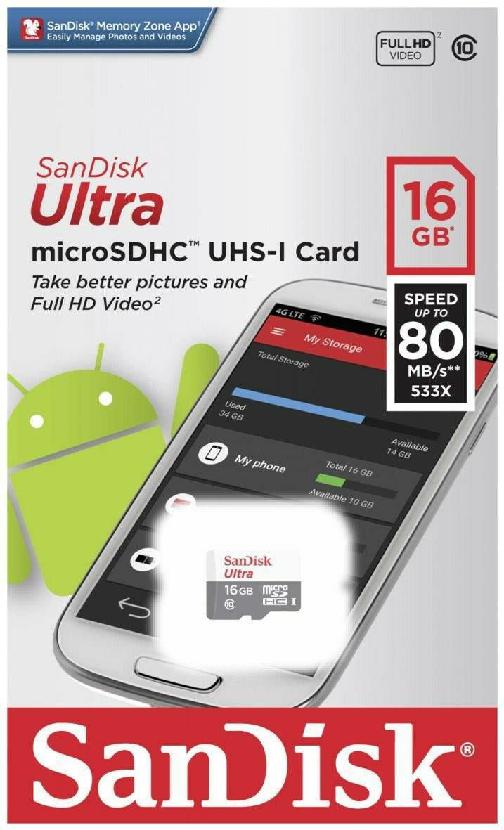 SanDisk microSDHC 16GB 80MB/s Class 10Ultra Android memorijska kartica (SDSQUNS-016G-GN3MN)