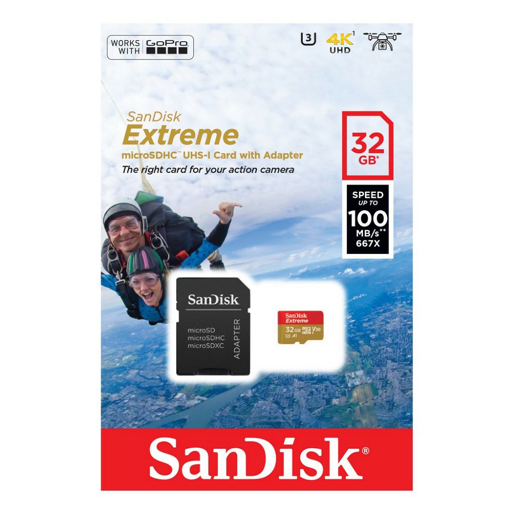 SanDisk microSDHC 32GB 100MB/s + SD Adapter for Action Sports Cameras - works with GoPro Messaging Extreme A1 C10 V30 UHS-I U3 memorijska kartica (SDSQXAF-032G-GN6AA)