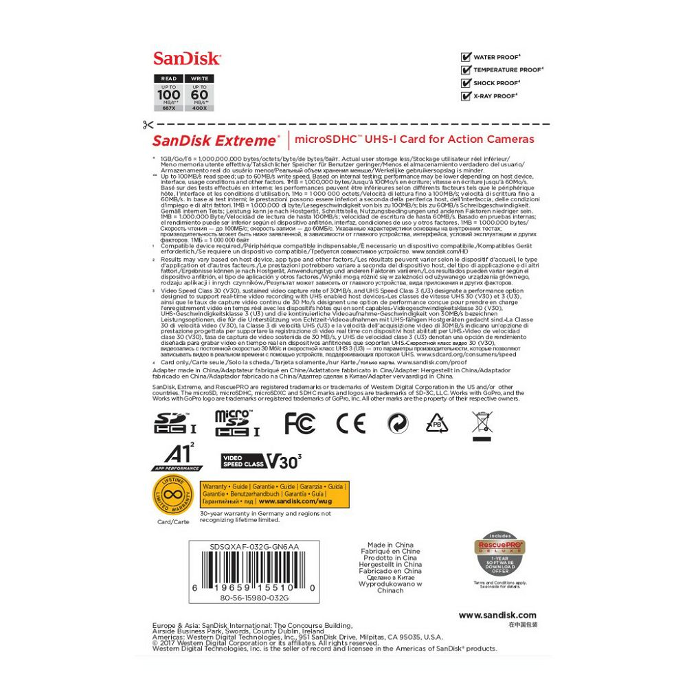 SanDisk microSDHC 32GB 100MB/s + SD Adapter for Action Sports Cameras - works with GoPro Messaging Extreme A1 C10 V30 UHS-I U3 memorijska kartica (SDSQXAF-032G-GN6AA)