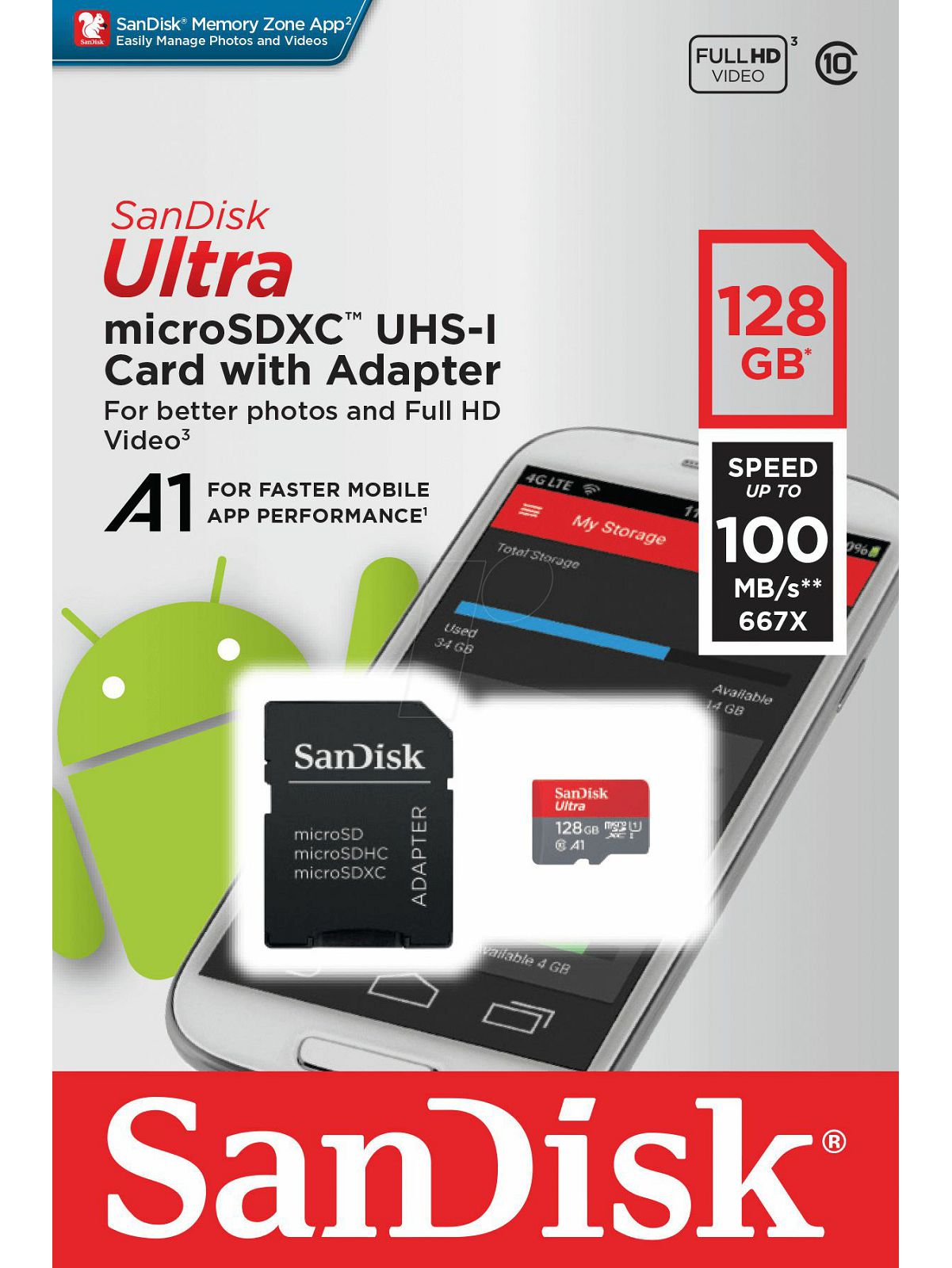 SanDisk microSDXC 128GB 100MB/s A1 Class 10 UHS-I + SD Adapter + Memory Zone App Ultra Android memorijska kartica (SDSQUAR-128G-GN6MA)