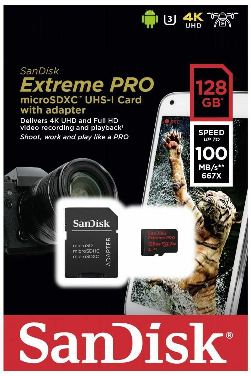 SanDisk microSDXC 128GB 100MB/s + SD Adapter + Rescue Pro Deluxe Extreme Plus A1 C10 V30  UHS-I U memorijska kartica (SDSQXBG-128G-GN6MA)