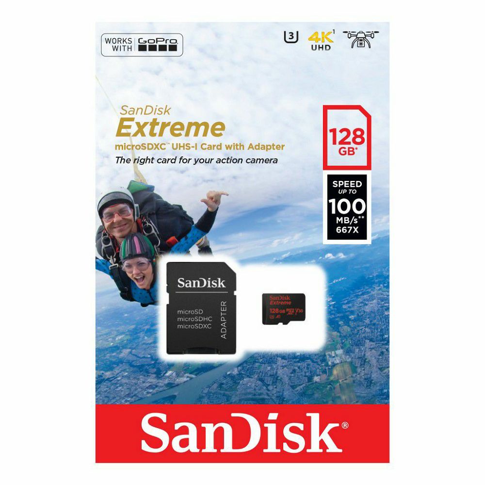 SanDisk microSDXC 128GB 100MB/s + SD Adapter for Action Sports Cameras - works with GoPro Messaging Extreme A1 C10 V30 UHS-I U3 memorijska kartica (SDSQXAF-128G-GN6AA)