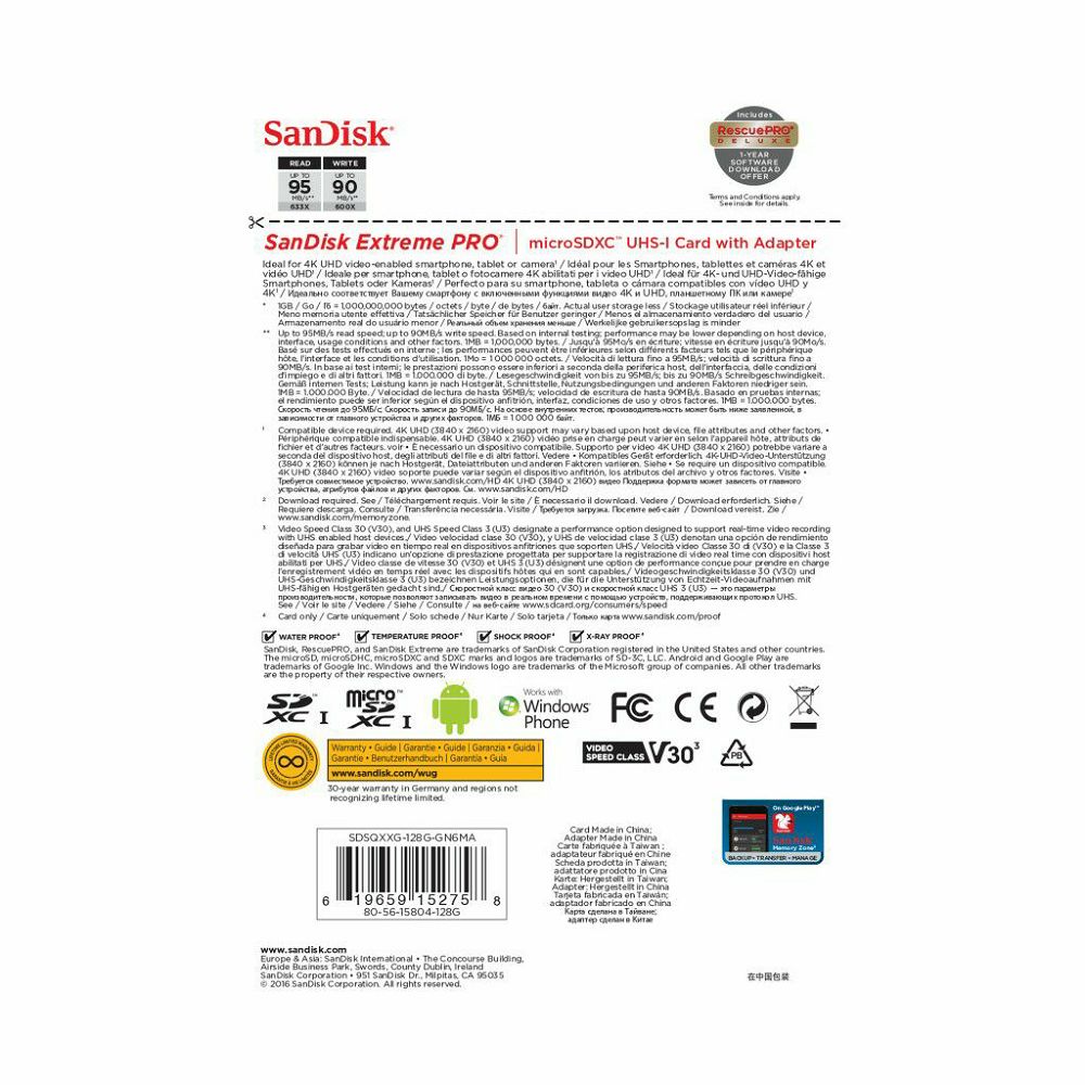 SanDisk microSDXC 128GB 95MB/s + SD Adapter + Rescue Pro Deluxe Extreme Plus Class 10 V30 UHS-I U3 memorijska kartica (SDSQXWG-128G-GN6MA)