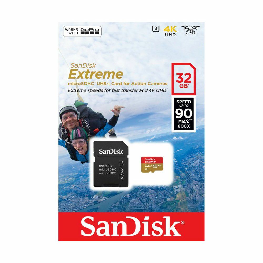SanDisk microSDXC 32GB 90MB/s + SD Adapter for Action Sports Cameras Extreme Class 10 V30 UHS-I memorijska kartica (SDSQXVF-032G-GN6AA)