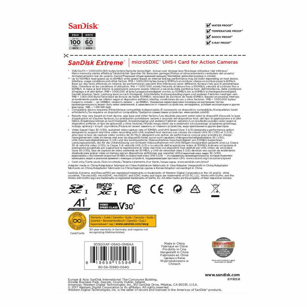 SanDisk microSDXC 64GB 100MB/s + SD Adapter for Action Sports Cameras - works with GoPro Messaging Extreme A1 C10 V30 UHS-I U3 memorijska kartica (SDSQXAF-064G-GN6AA)