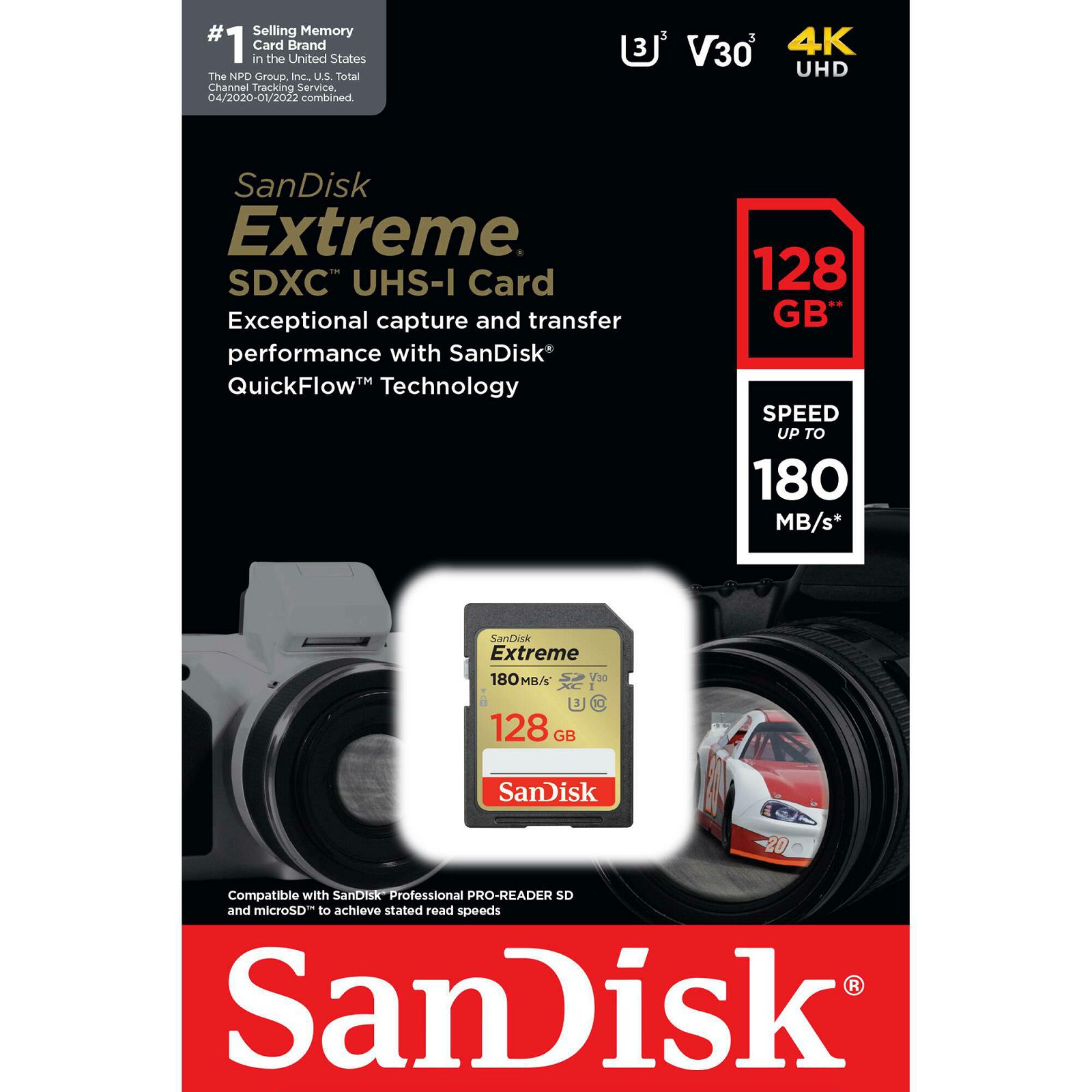 SanDisk SD 128GB 180MB/s 90MB/s Extreme SDXC UHS-I Class 10 V30 U3 Memorijska kartica (SDSDXVA-128G-GNCIN)