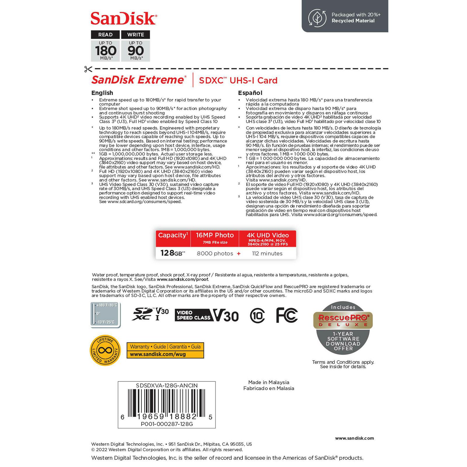 SanDisk SD 128GB 180MB/s 90MB/s Extreme SDXC UHS-I Class 10 V30 U3 Memorijska kartica (SDSDXVA-128G-GNCIN)