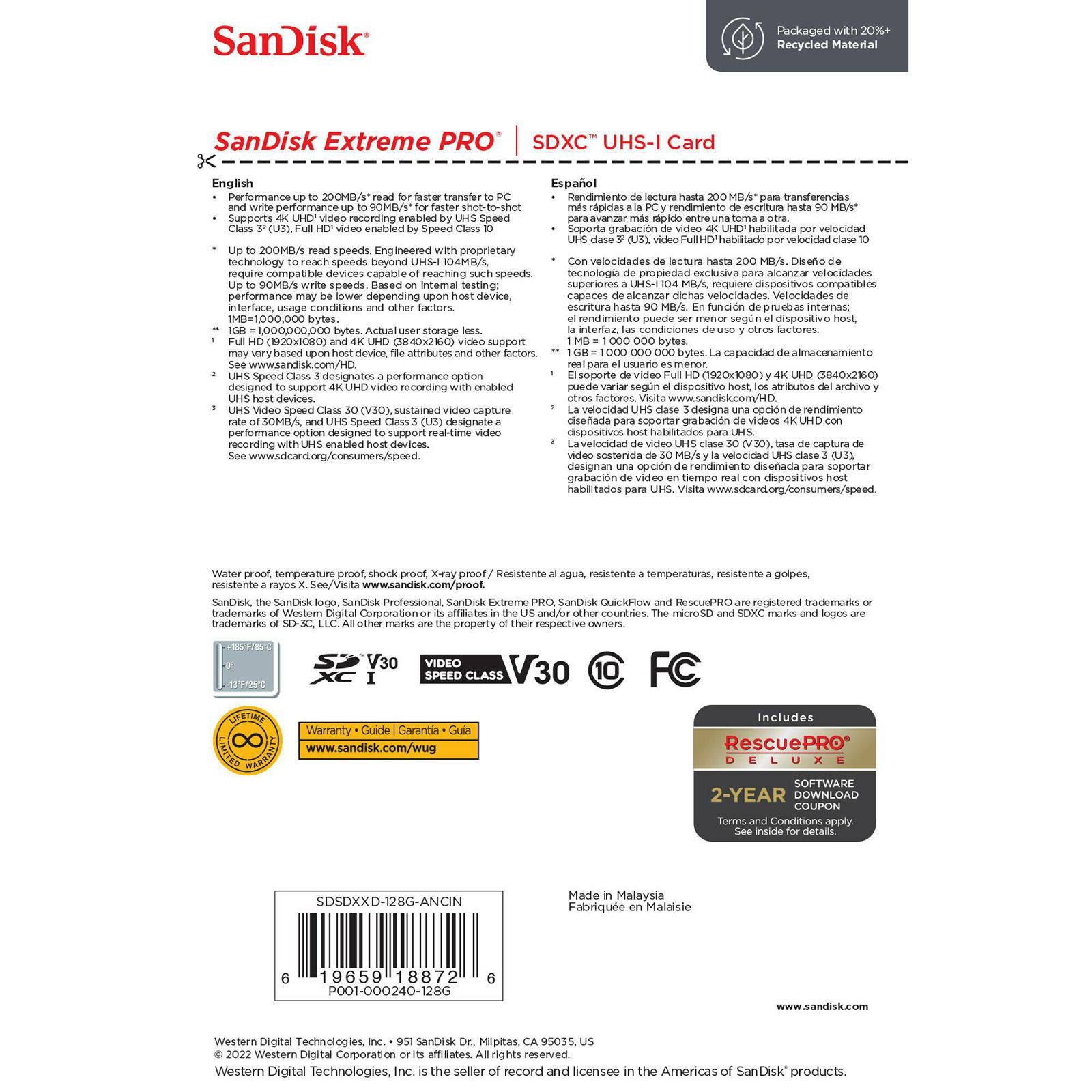 SanDisk SD 128GB 200MB/s 90MB/s Extreme Pro SDXC UHS-I Class 10 V30 U3 Memorijska kartica (SDSDXXD-128G-GN4IN)