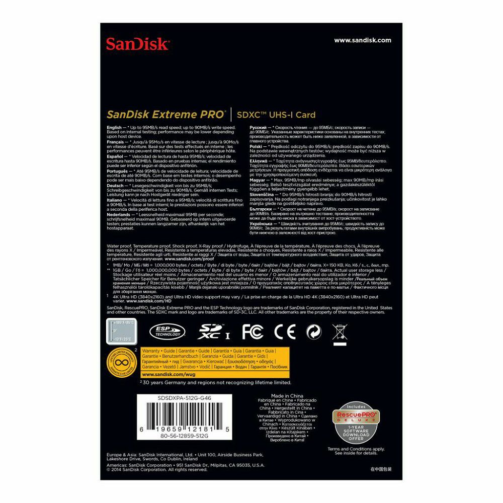 SanDisk SDXC 512GB 95MB/s Extreme Pro Class 10 UHS-I memorijska kartica (SDSDXPA-512G-G46)