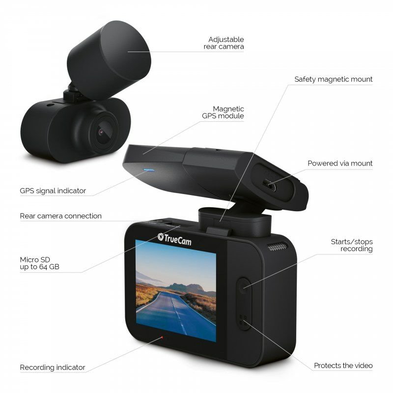TrueCam M7 Dual GPS dvostruka kamera za automobil, Full HD (1920x1080), G-Senzor, noćno snimanje, LCD monitor 2.0" TFT, detekcija pokreta, Micro SD utor, prikaz brzine