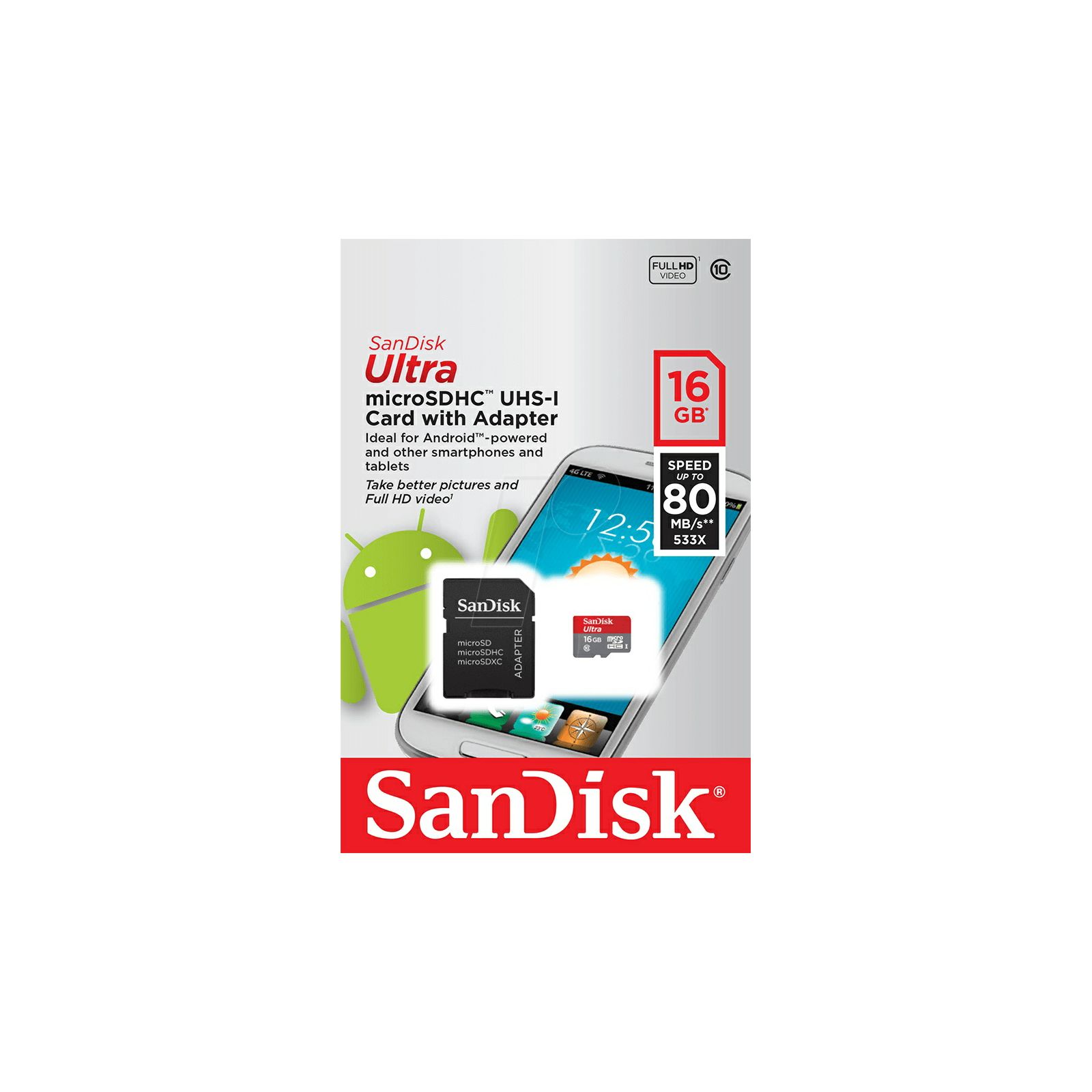 SanDisk Ultra Android microSDHC 16GB SD Adapter + Memory Zone Android App 80MB/s Class 10 UHS-I SDSQUNC-016G-GN6MA Memorijska kartica