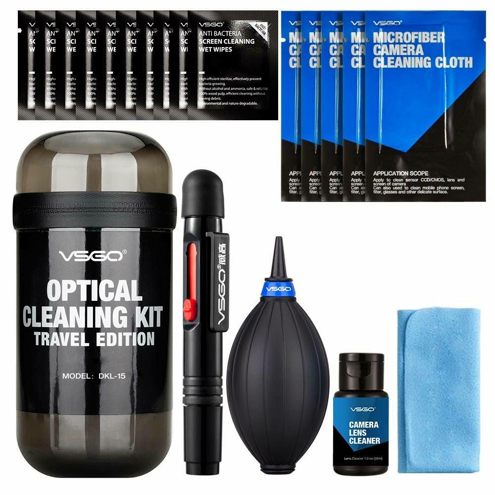 VSGO DKL-15G Gray Optical cleaning KIT travel edition (1x Mini Air blower + 1x Lens Pen + 5x 15x15cm mikofibra + 1x Cleaning Cloth + 1x 30ml tekućina + 10x Wet wipes)