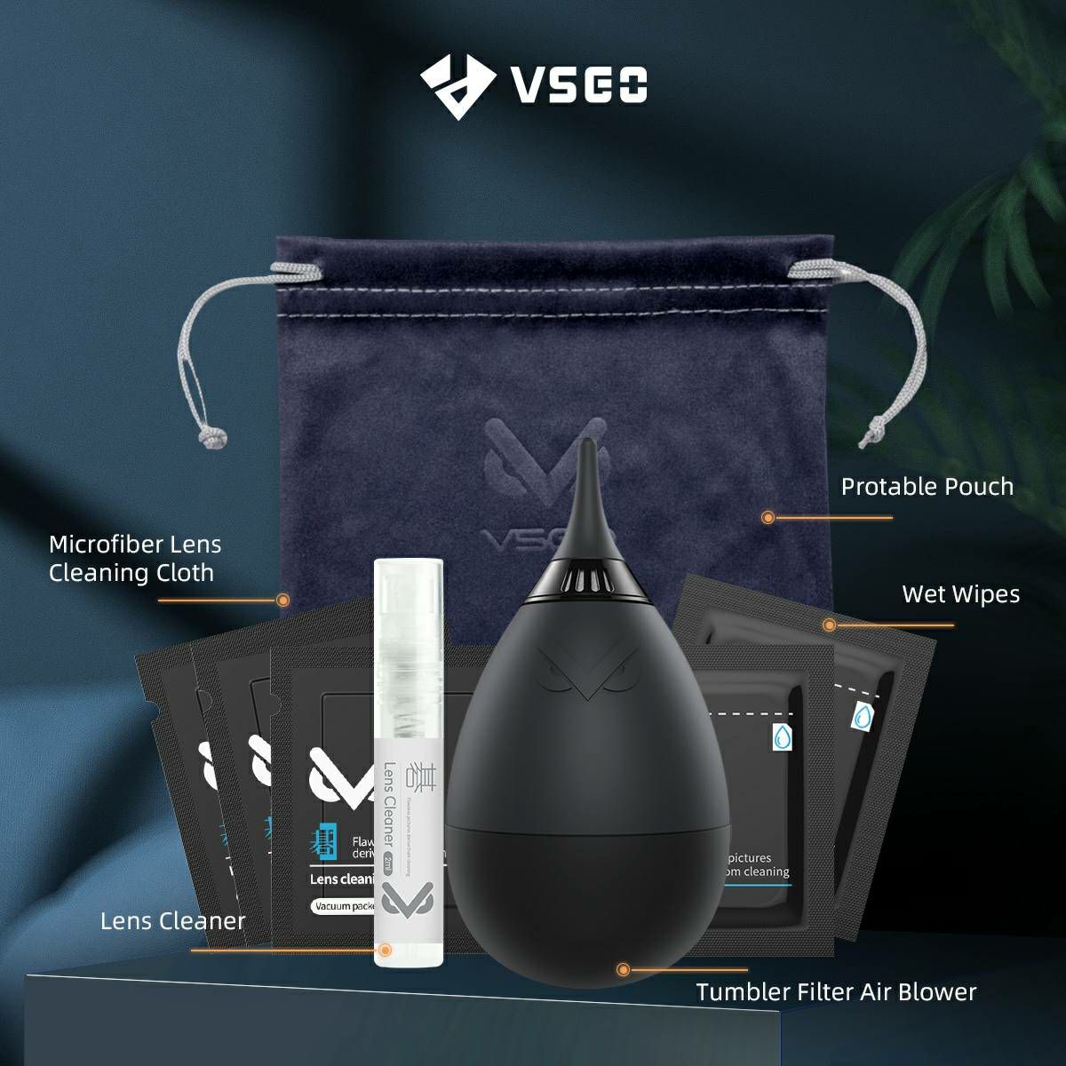 VSGO VS-A1E Portable Lens Cleaning Kit set za čišćenje fotoaparata i objektiva (1x air blower + 3x mikrofibra + 2x maramice + 1x 2ml tekućina + 1x futrola)