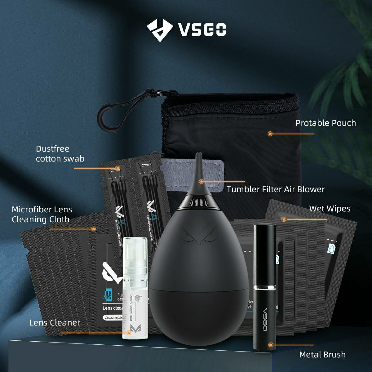 VSGO VS-A2E Professional Lens Cleaning Kit set za čišćenje fotoaparata i objektiva (1x air blower + 8x mikrofibra + 5x maramice + 1x 3ml tekućina + 1x četka + 8x štapići + 1x futrola)