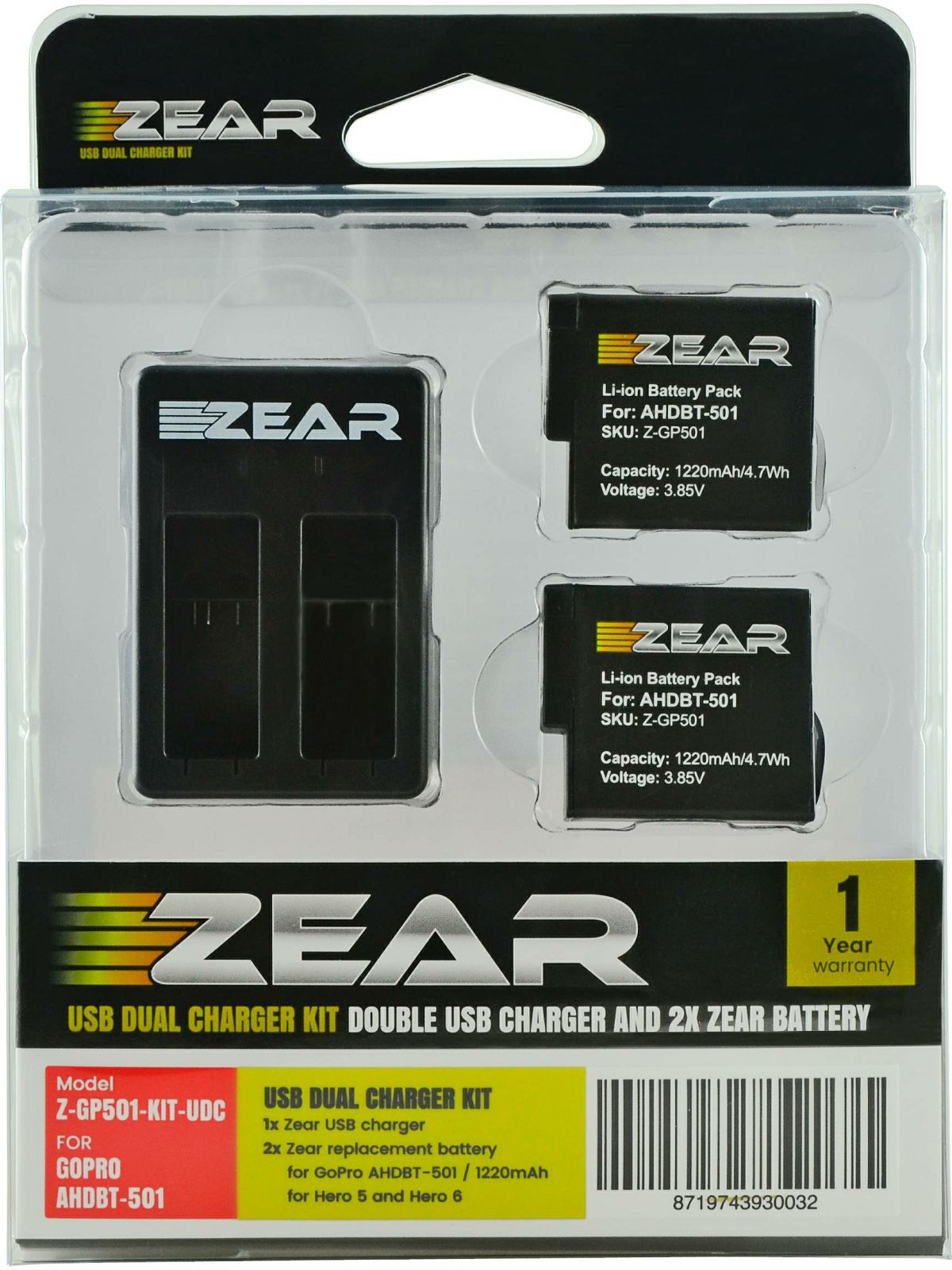 Zear KIT 2x Battery AHDBT-501, AABAT-001 HERO5 / HERO6 1220mAh + USB Dual Charger